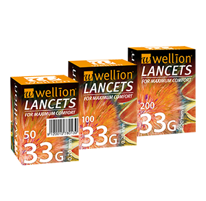 Wellion LANCETS 33G - Lanzetten Wellion LANCETS 33G - Lanzetten für die besonders schonende Blutgewinnung. Schutzkappe und perfekter Schliff für möglichst schmerzarme Blutentnahme. Besonders dünn und sehr gut für Kinder und Menschen mit empfindlicher Haut geeignet. 50, 100 und 200 Stück. Foto