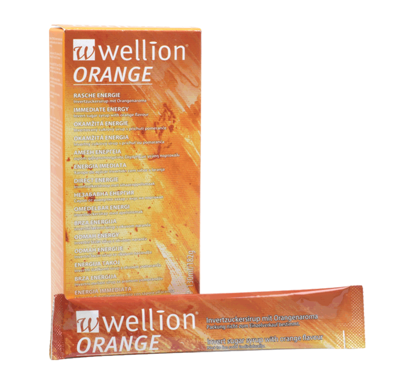 Wellion ORANGE Invertzuckersirup Der Wellion ORANGE Invertzuckersirup geht besonders rasch ins Blut, bringt prompte Energie. Die Beutel lassen sich leicht öffnen. Ein Beutel enthält 10-15g Kohlenhydrate. Der ideale Begleiter für unterwegs und beim Sport. Foto