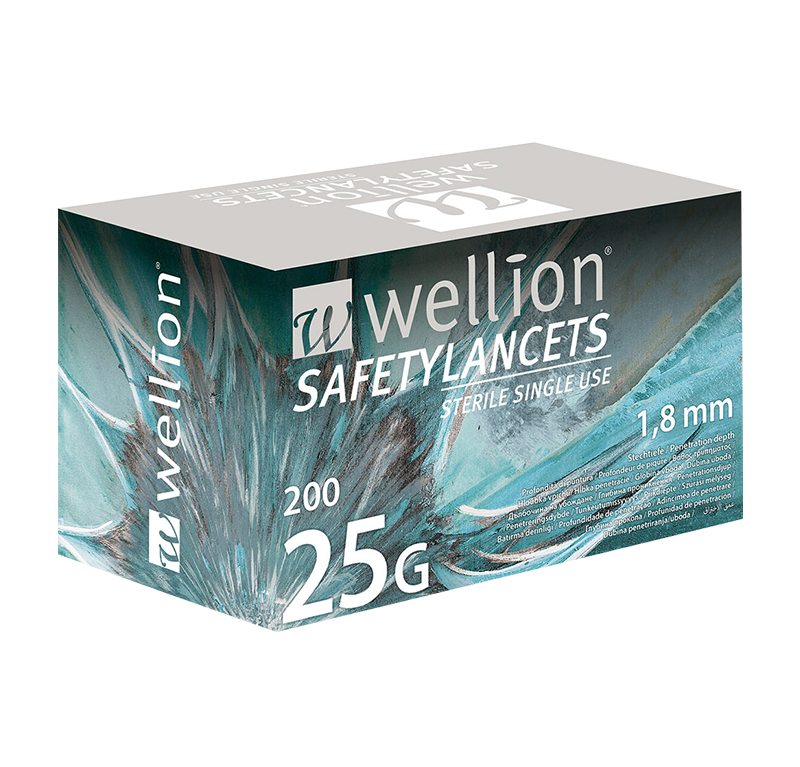 Wellion Safetylancets 25G - Ideal bei Sehproblemen, verminderter Feinmotorik und für ältere Menschen. Schnelle und einfache Handhabung. Sanft und sicher. Minimierte Schmerzen durch ultra-scharfe Nadel. Perfekt für medizinisches Fachpersonal, Krankenhäuser und Pflegeheime. Steril und Vermeidung von Stichverletzungen. Foto