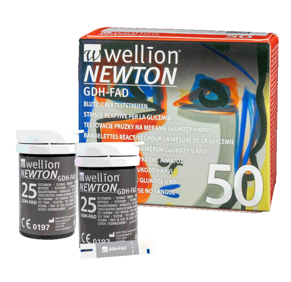 Wellion NEWTON GDH-FAD Blutzuckerteststreifen, 50-Stück-Packung mit 2 Dosen je 25Stk abgebildet